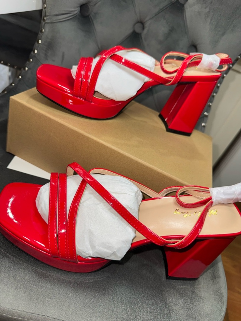 Women’s Red Patent Strappy Block Heel Sandals - Picture 4 of 8